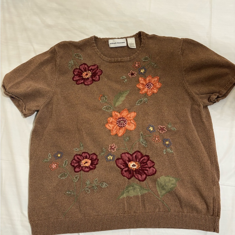 Alfred Dunner Brown Sweater with Floral Embroidery